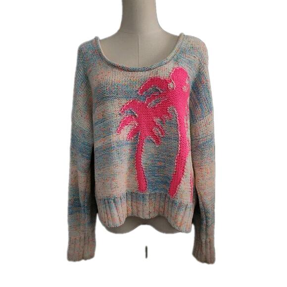 Anthropologie Chunky Knit Cotton Pullover Sweater Size Med Speckled Palm Trees - Picture 2 of 9